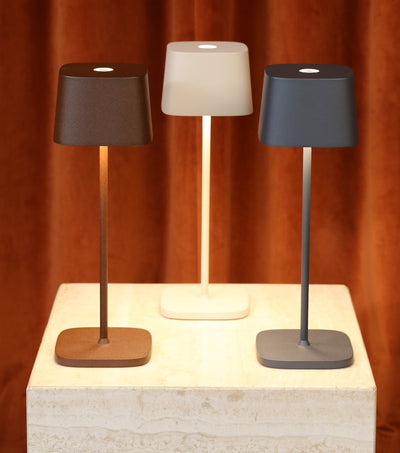The Zafferano Ofelia Cordless Lamp in Rust, Sand, and Dark Grey